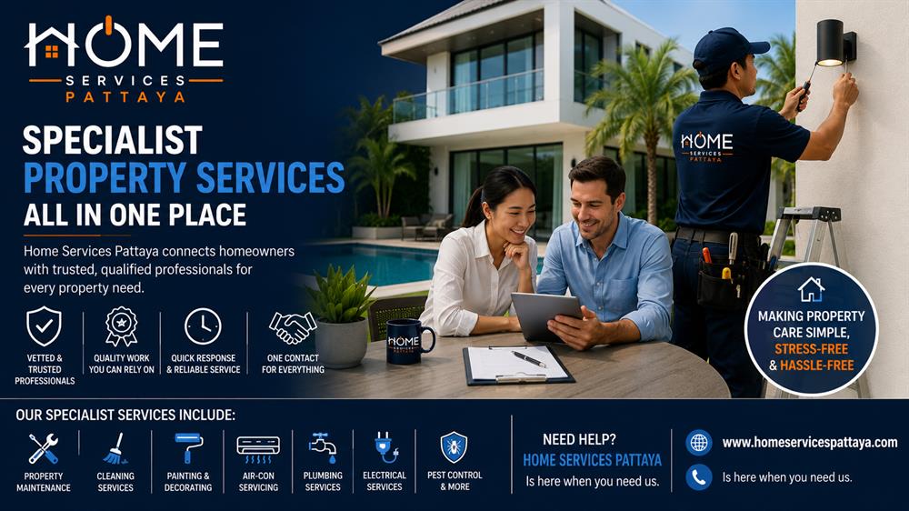 Homeowner arranging specialist property services in Pattaya for maintenance and repairs including air-conditioning, plumbing, electrical work and home improvements.